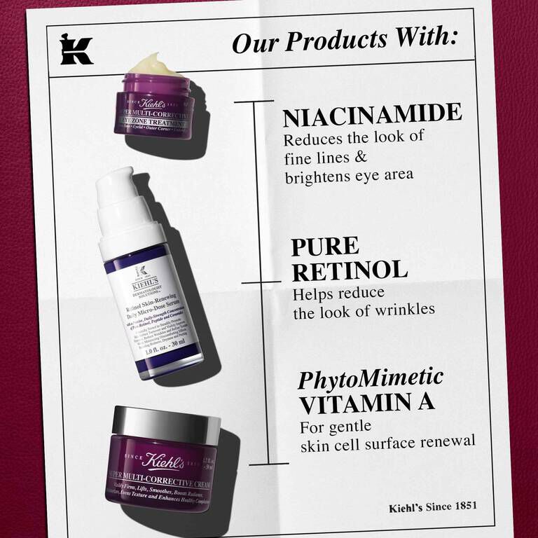A graphic of a white paper, set against a dark red background, features a section titled "Our Formula With:". At the top is a purple jar of "Kiehl's Super Multi-Corrective Eye Zone Treatment," which highlights the benefit "COLLAGEN PEPTIDES Visibly firms skin." In the middle is a white and purple bottle of "Kiehl's Retinol Skin-Renewing Daily Micro-Dose Serum," with the benefit "PURE RETINOL Visibly reduces wrinkles." At the bottom is a larger purple jar of "Kiehl's Super Multi-Corrective Cream," with the benefit "PhytoMimetic VITAMIN A Renews skin." A small 'K' logo is in the top left corner.