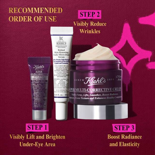 A graphic, set against a dark red textured background with bright pink accents, features the text "RECOMMENDED ORDER OF USE" at the top left. Below, three Kiehl’s products are arranged horizontally. From left to right: a small purple tube of "Kiehl's Super Multi-Corrective Eye Zone Treatment" is labeled "STEP 1 Visibly Lift and Brighten Under-Eye Area"; a white and purple tube of "Kiehl's Retinol Skin-Renewing Daily Micro-Dose Serum" is labeled "STEP 2 Visibly Reduce Wrinkles"; and a purple jar of "Kiehl's Super Multi-Corrective Cream" with visible cream is labeled "STEP 3 Boost Radiance and Elasticity." Bright pink graphic shapes are present on the right side of the image.