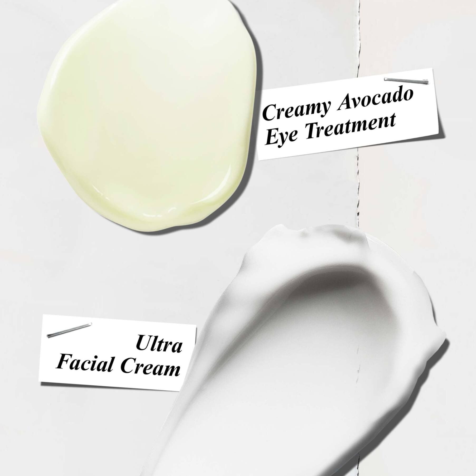 Creamy Avocado Eye Treatment and Ultra Facial Cream texture swatches ​