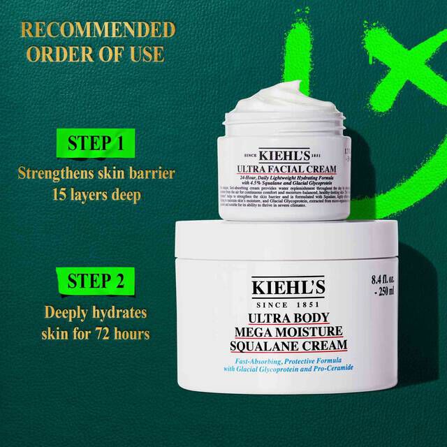 A graphic, set against a dark green textured background with bright green accents, features the text "RECOMMENDED ORDER OF USE" at the top left. Below, two white jars of Kiehl’s cream are stacked. The top jar, "KIEHL’S ULTRA FACIAL CREAM," is labeled "STEP 1 Strengthens skin barrier 15 layers deep." The bottom jar, "KIEHL’S ULTRA BODY MEGA MOISTURE SQUALANE CREAM," is labeled "STEP 2 Deeply hydrates skin for 72 hours."