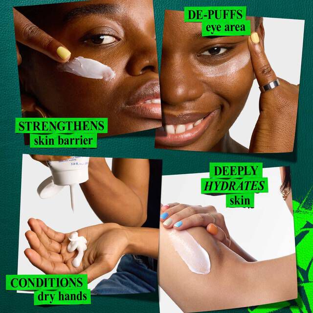 A graphic, set against a dark green background with bright green elements, displays four close-up images, each with a specific benefit highlighted. The top-left image shows a hand applying cream to a cheek, accompanied by the text "STRENGTHENS skin barrier." The top-right image shows a hand applying cream to the under-eye area, with the text "DE-PUFFS eye area." The bottom-left image shows a hand dispensing cream from a tube onto another hand, labeled with the text "CONDITIONS dry hands." The bottom-right image shows a hand applying cream to an arm, labeled with the text "DEEPLY HYDRATES skin."