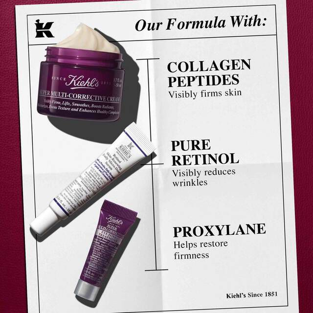 A graphic of a white paper, set against a dark red background, features three Kiehl's products aligned vertically alongside a section titled "Our Formula With:". At the top is a purple jar of "Kiehl's Super Multi-Corrective Cream" with visible cream, which highlights "PhytoMimetic VITAMIN A For gentle skin cell surface renewal." In the middle is a white and purple tube of "Kiehl's Retinol Skin-Renewing Daily Micro-Dose Serum," which highlights "PURE RETINOL Helps reduce the look of wrinkles." At the bottom is a small purple tube of "Kiehl's Super Multi-Corrective Eye Zone Treatment," which highlights "NIACINAMIDE Reduces the look of fine lines & brightens eye area." A small 'K' logo is in the top left corner.
