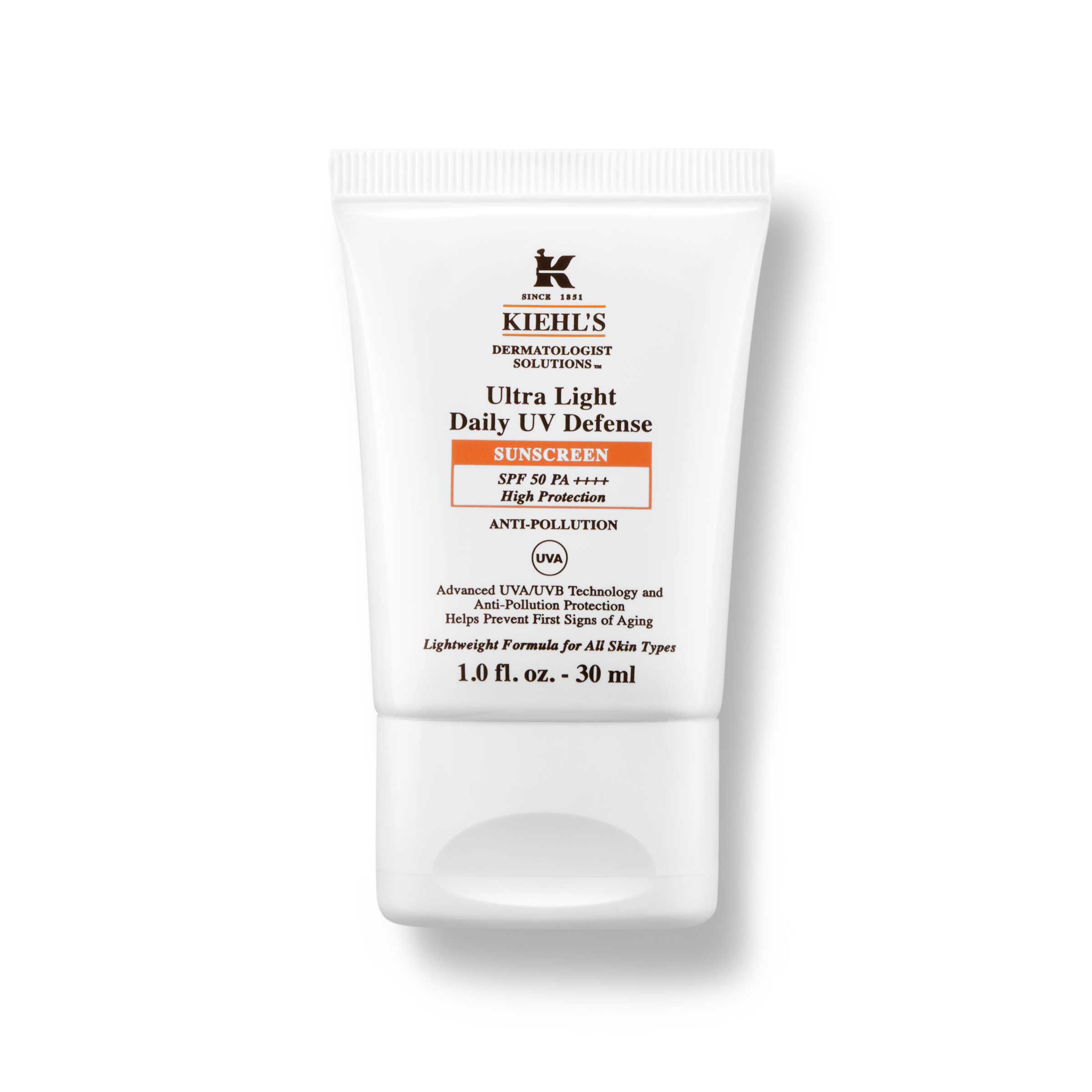 Kiehl’s Ultra Light Daily UV Defense SPF 50 sunscreen tube, lightweight non-comedogenic sunscreen for daily UV protection