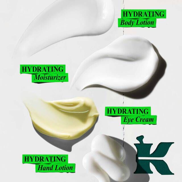 A graphic showing four swirls of product against a white background. The top white swirl is labeled "HYDRATING Body Lotion." The middle right white swirl is labeled "HYDRATING Moisturizer." The middle left yellow swirl is labeled "HYDRATING Eye Cream." The bottom right white swirl is labeled "HYDRATING Hand Lotion." A dark green "K" logo is in the lower right corner.