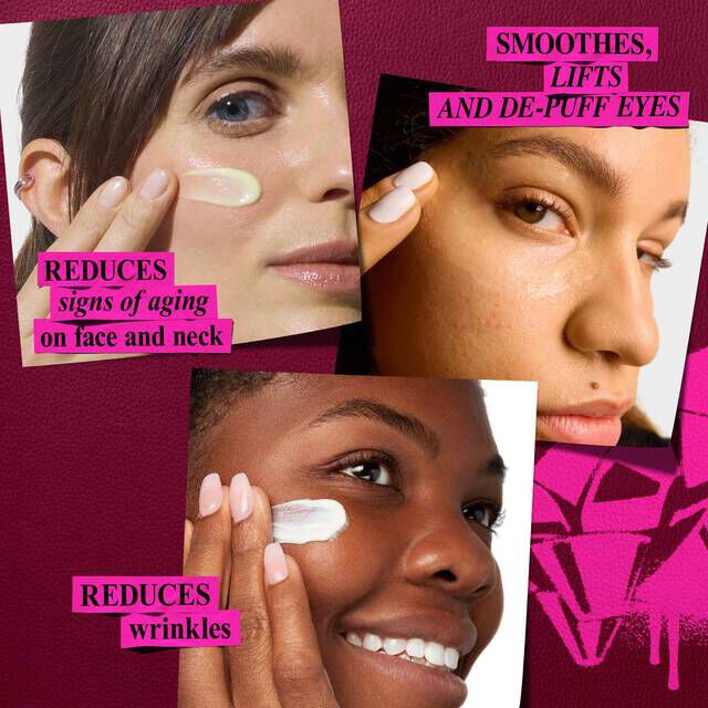 A graphic, set against a dark red background with bright pink elements, displays three close-up images, each with a specific benefit highlighted. The top-left image shows a person applying cream to their cheek, with the text "REDUCES signs of aging on face and neck." The top-right image focuses on a person's eye area as they apply cream, accompanied by the text "SMOOTHES, LIFTS AND DE-PUFF EYES." The bottom-center image depicts a person applying cream to their cheek, labeled with the text "REDUCES wrinkles." A bright pink bow design is present in the background.