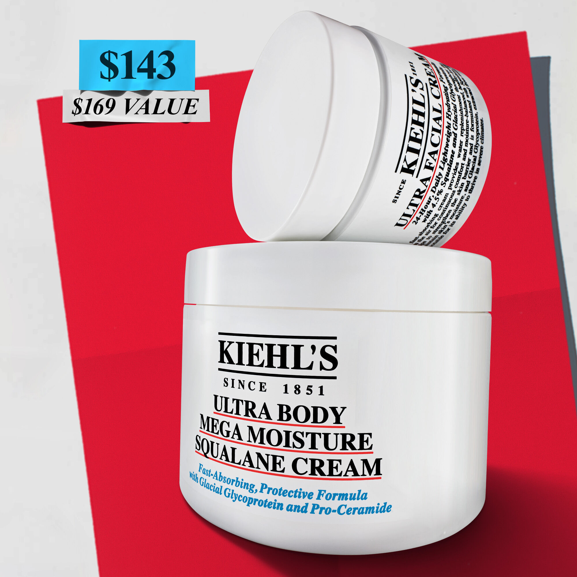 Kiehl's Ultra Facial Cream and Ultra Body Mega Moisture Squalane Cream with promotional pricing and value displayed.​  ​