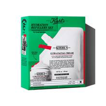 Kiehl's "Hydration Refillery Set" featuring Ultra Facial Cream in a jar and a refill pouch for sustainable face hydration.