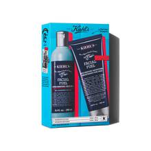 Kiehl's Facial Fuel men's skincare set, including invigorating face wash and energizing moisturizer in a blue box.