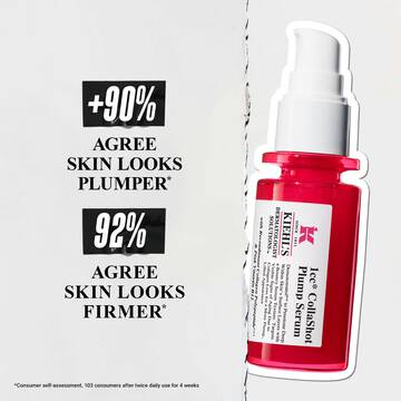 Three pink, translucent serum drops with the Kiehl's "K" logo and text highlighting "Visibly Plumper Skin" and deep penetration into skin surface layers.​