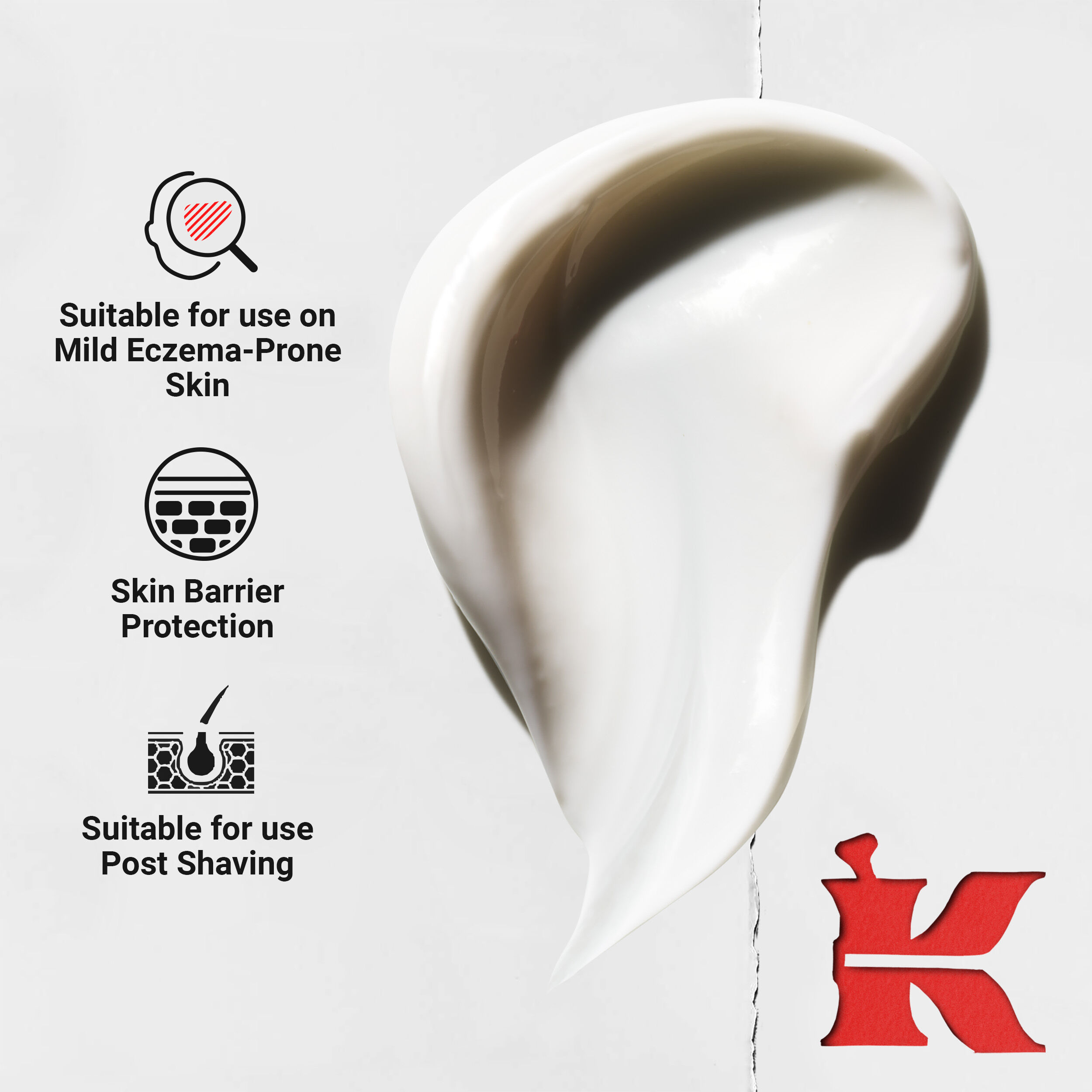 An image features a dynamic swirl of thick white and black cream against a light background. To the left of the cream, text and icons highlight its benefits: it is suitable for eczema-prone skin, offers skin barrier protection, is suitable for post-laser application, and can be used post-light chemical peel. A prominent red 'K' logo is visible in the bottom right corner.