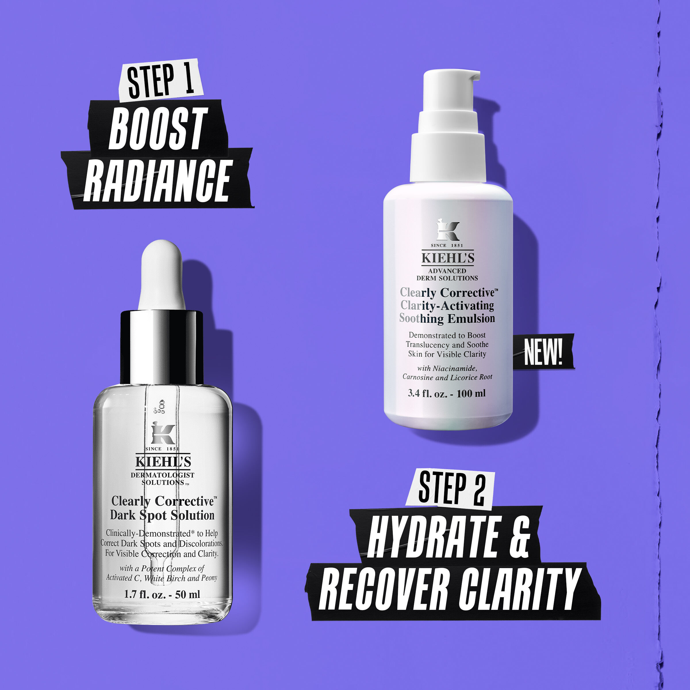 Two formula bottles and use instruction: Step 1 Activate Brightening Step 2 Recover Clarity​