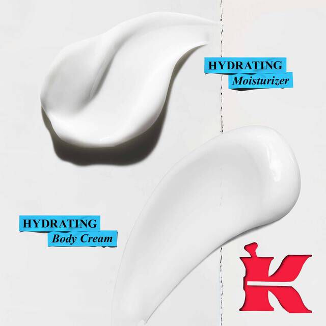 Swatches of Kiehl's Hydrating Moisturizer and Hydrating Body Cream, highlighting their textures with the brand's "K" logo.