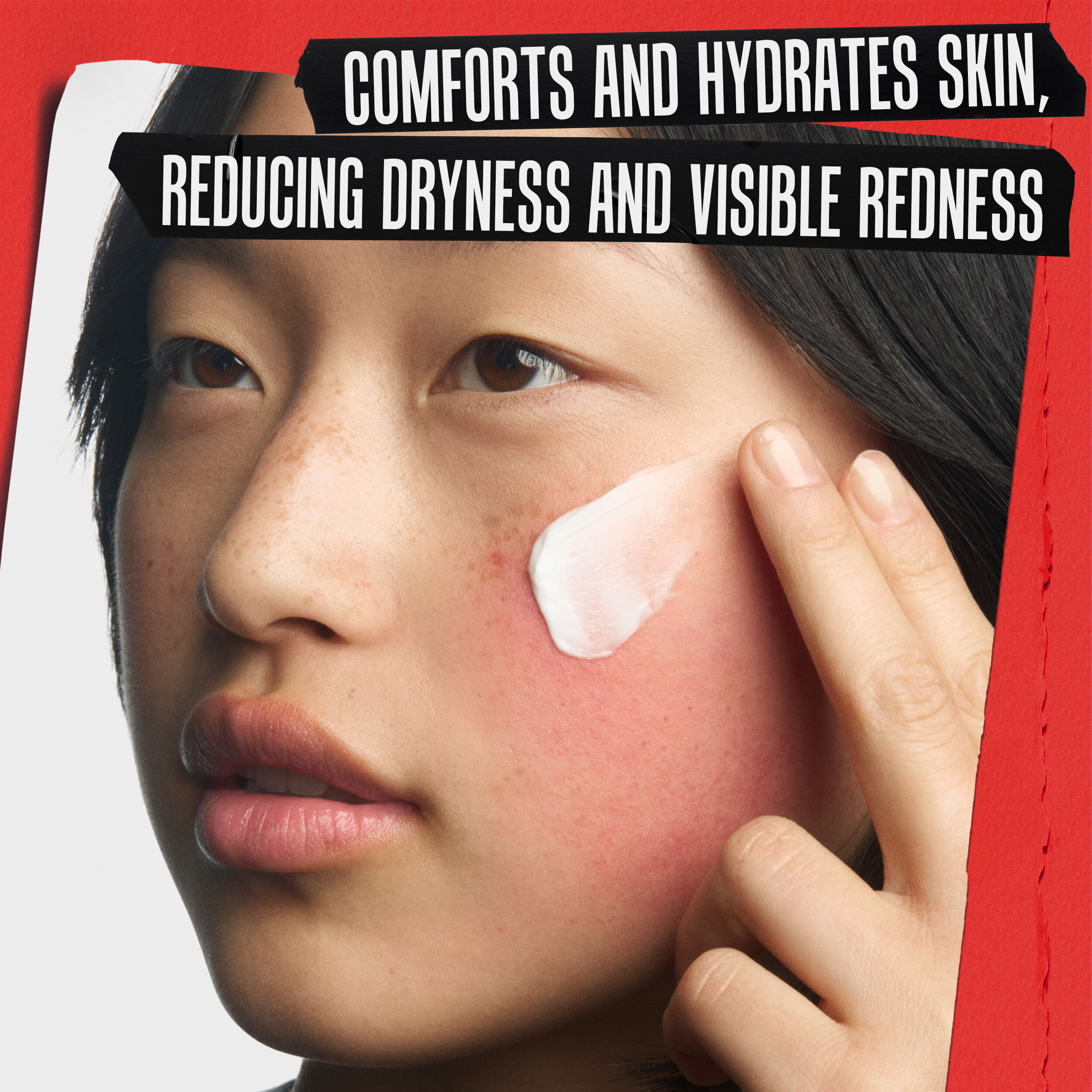Red background with black and white text reading “Relieves Skin Discomfort, Dryness, and Flaking,” and a hand partially visible on the right side.