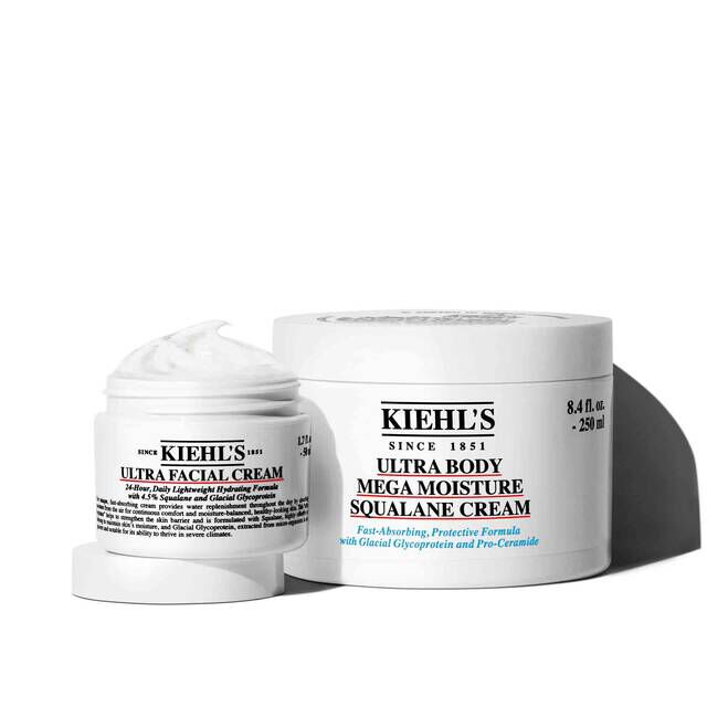 Kiehl's Ultra Facial Cream and Ultra Body Mega Moisture Squalane Cream for comprehensive face and body hydration.