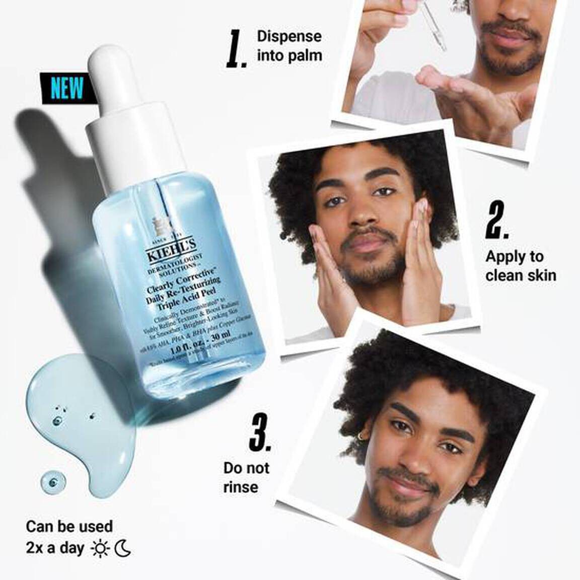 How to use Kiehl’s chemical exfoliant serum - apply to clean skin and do not rinse