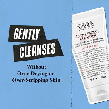 Gentle non‑stripping facial cleanser tube displayed on a blue background.