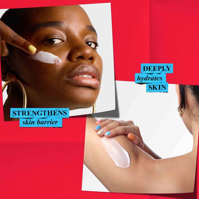 A woman applies Kiehl's moisturizer to her face, emphasizing its ability to strengthen the skin barrier, while another person applies body cream to deeply hydrate skin.​