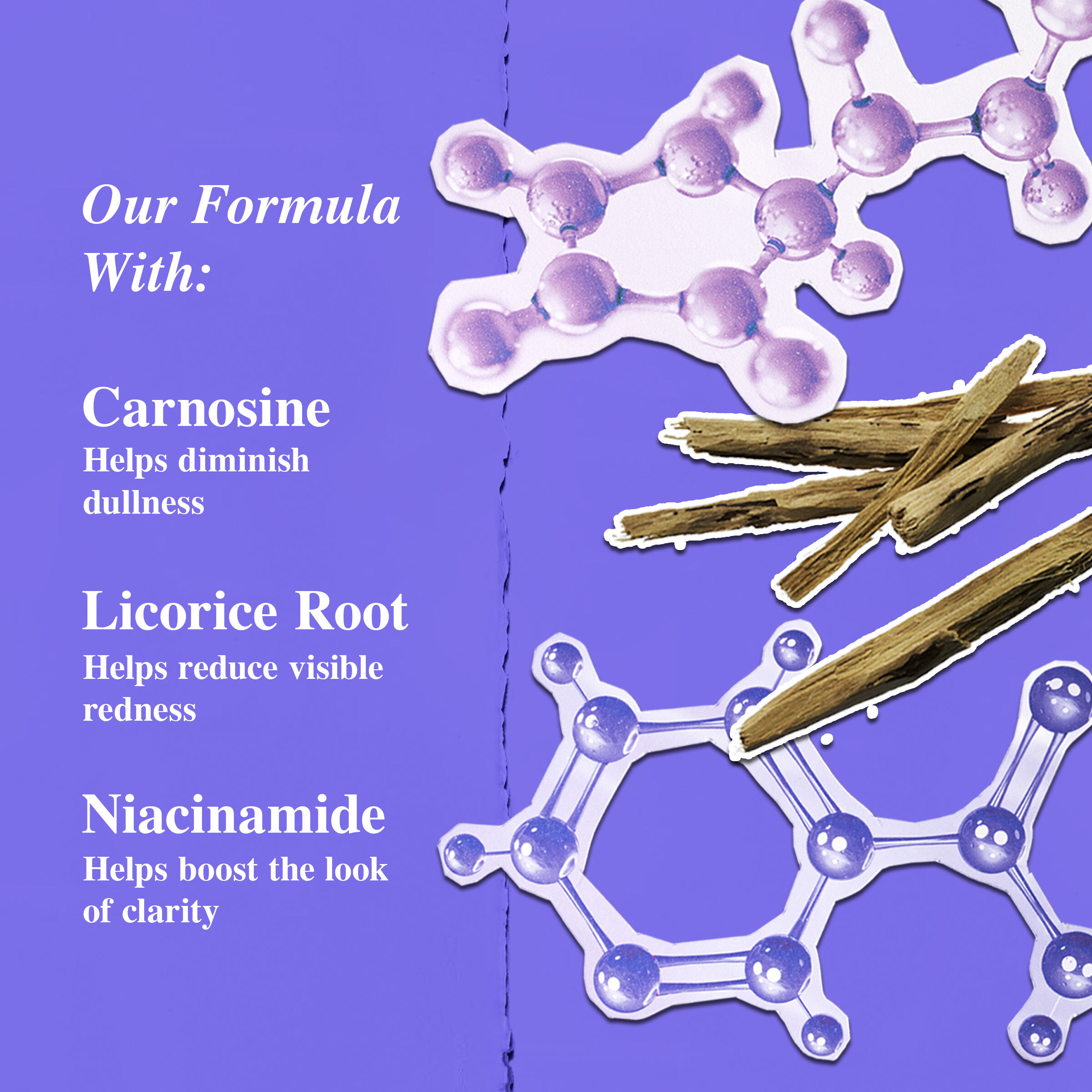 Ingredient illustration with Carnosine (Dullness), Licorice Root (Redness) and Niacinamide (Clarity)