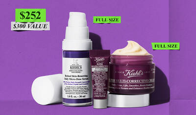 Kiehl's skincare set featuring full-size retinol serum and multi-corrective cream, alongside an eye treatment. Promotional elements indicate price and value.