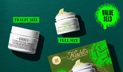 A graphic featuring a white jar of "KIEHL’S ULTRA FACIAL CREAM" labeled as "TRAVEL SIZE," and an open jar of "KIEHL’S CREAMY EYE TREATMENT WITH AVOCADO" labeled as "FULL SIZE," both set against a textured green background. A partial green and gold Kiehl’s gift box appears in the lower right.