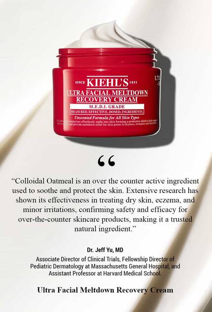Kiehl’s Ultra Facial Meltdown Recovery Cream in a red jar and a quote from dermatologist Dr. Jeff Yu highlighting the soothing and protective benefits of colloidal oatmeal for dry and irritated skin.
