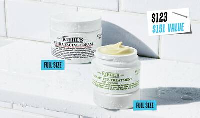 A graphic, set against a dark green textured background.. On the left is a jar of "KIEHL’S ULTRA BODY MEGA MOISTURE SQUALANE CREAM," labeled "FULL SIZE" in bright green. In the top middle is an open jar of "KIEHL’S ULTRA FACIAL CREAM," revealing a swirl of product and also labeled "FULL SIZE" in bright green. In the lower right, a blue Kiehl’s gift box displays the same two products. In the top right corner, a bright green paint splatter contains the text "VALUE $88."