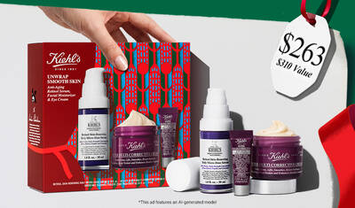 A Kiehl's "Winter Skin Soothers" holiday gift set featuring Ultra Facial Cream, Ultra Facial Barrier-Hydrating Cleanser, and Calendula Herbal-Extract Toner, accompanied by a price tag